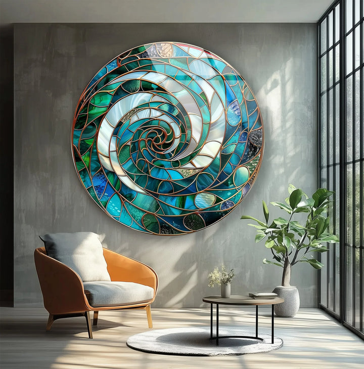 Aqua Spiral Harmony – Round Glass Wall Art - MyPhotoStation