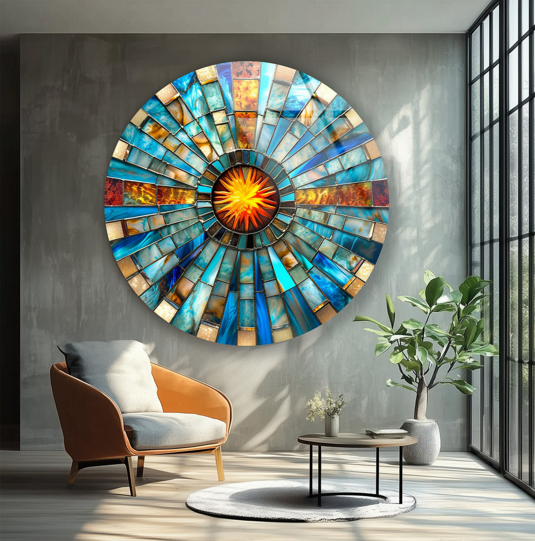 Solar Pulse – Blue & Amber Mosaic Round Glass Wall Art