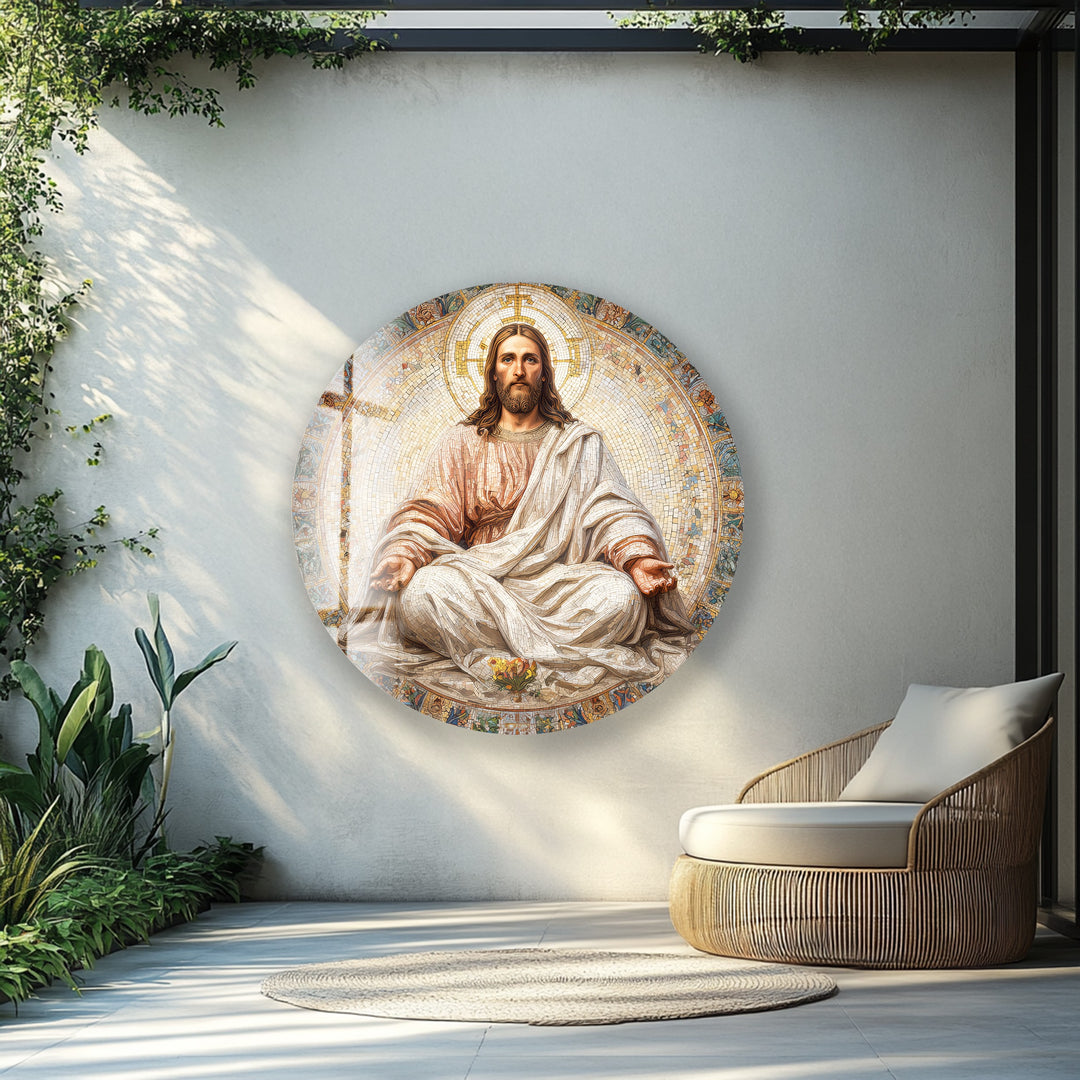 Radiant Christ in Serenity – Mosaic Round Glass Wall Art