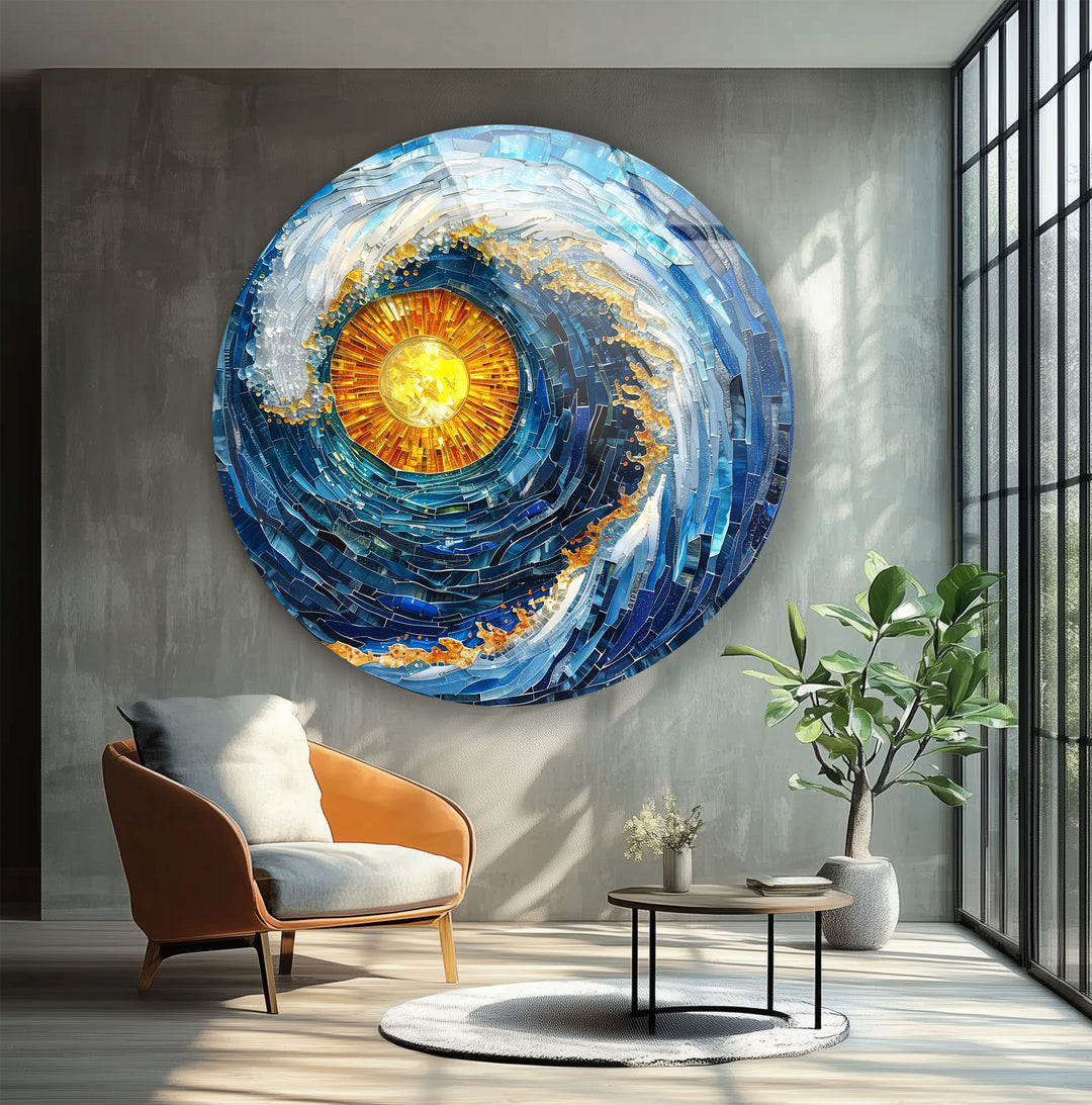 Solar Tide – Blue Wave Mosaic Round Glass Wall Art