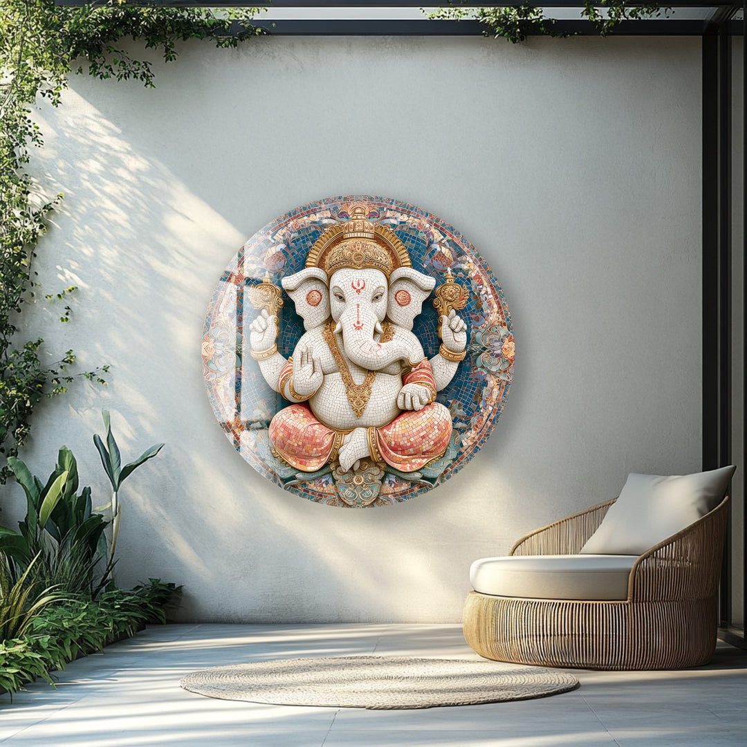 Divine Lotus Ganesha – Round Glass Wall Art