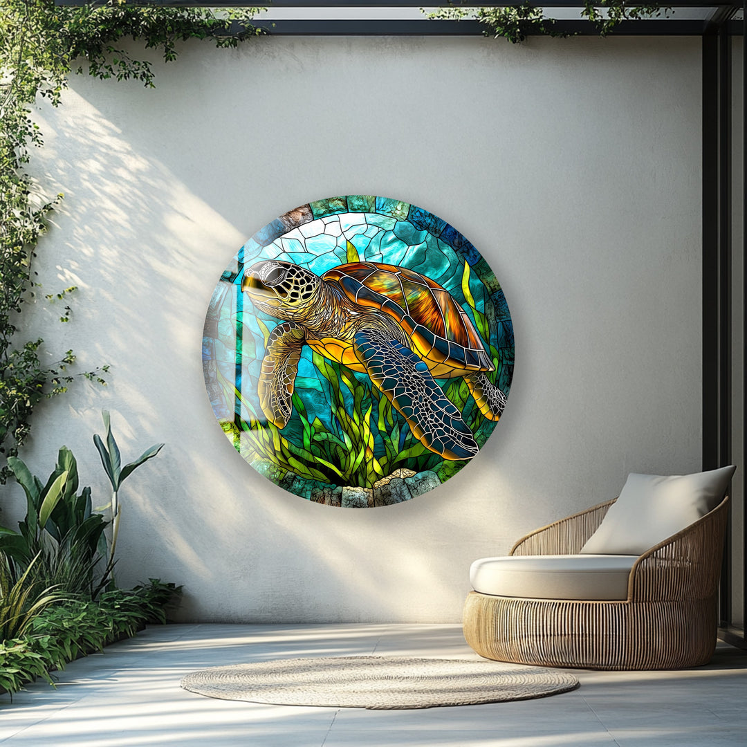 Sea Turtle Stained – Round Glass Wall Art