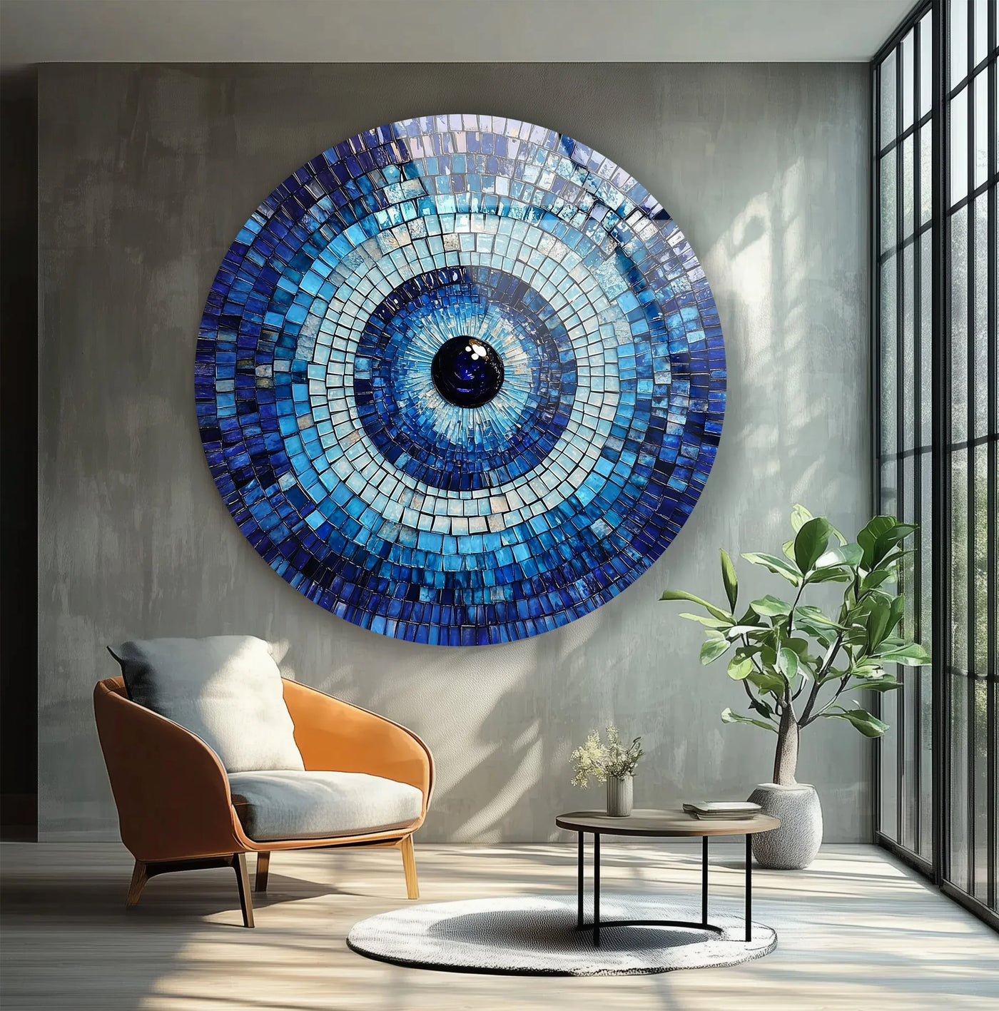 The brightest area illuminates the intricate blue mosaic details of this round glass hanging wall art, showcasing an eye-catching evil eye design.