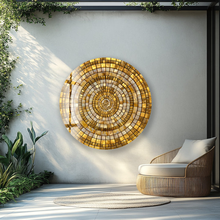 Golden Shimmering Mosaic – Round Glass Wall Art