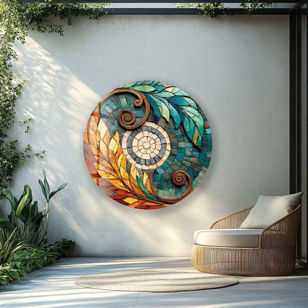 Solar Leaf Harmony – Round Glass Wall Art