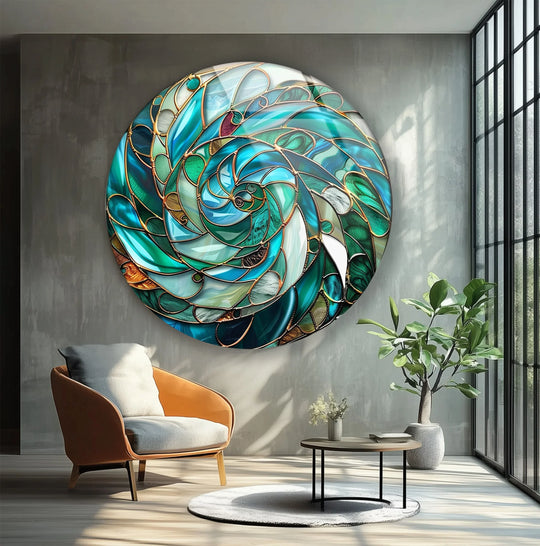 Displaying the realistic detail of the verdant vortex spiral, this round glass wall art utilizes glass printing to capture the intricate mosaic design with bronze accents.