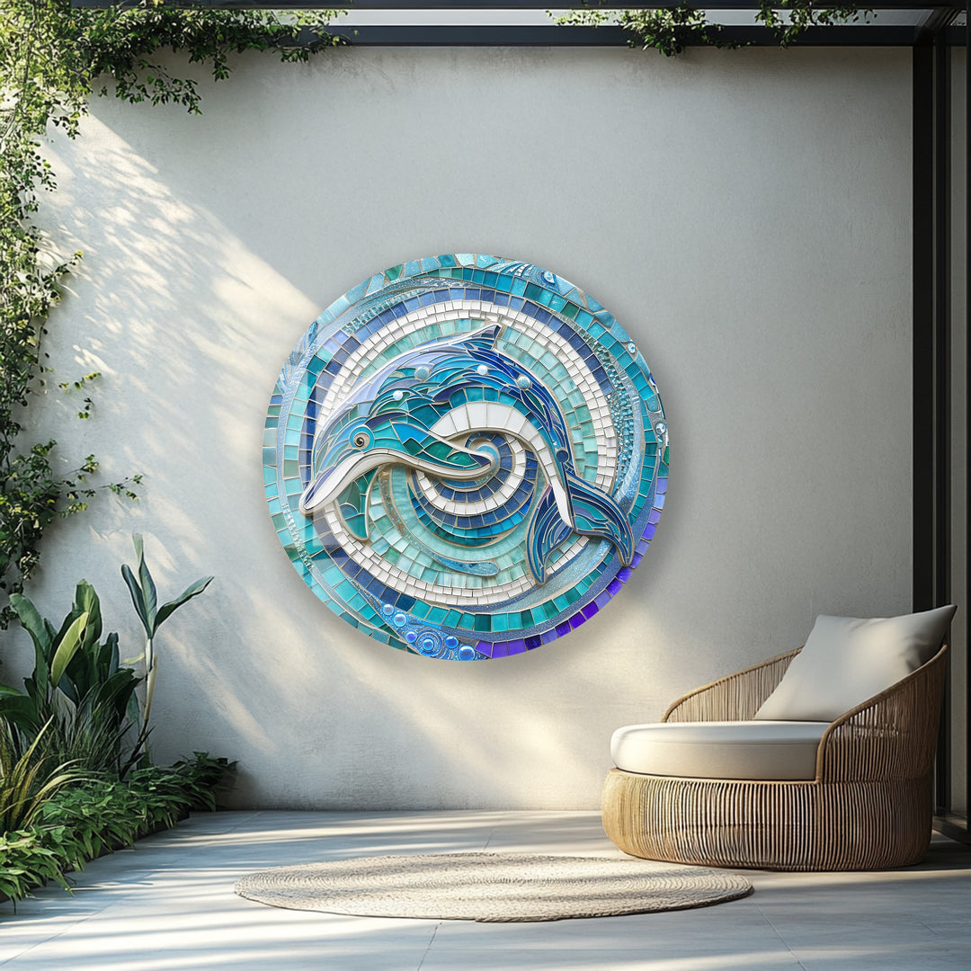 Ocean Harmony – Dolphin Mosaic Round Glass Wall Art