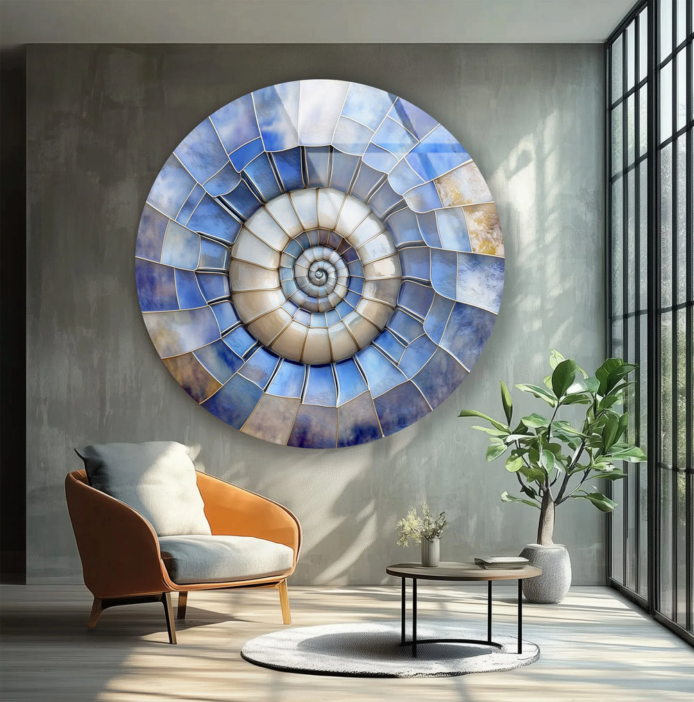 Ocean Spiral Shell – Blue & Sand Round Glass Wall Art - MyPhotoStation
