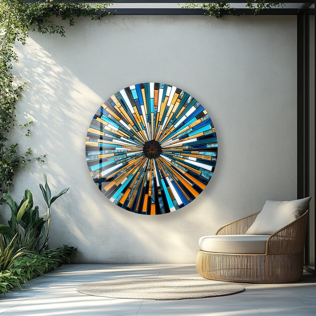 Solar Flare – Blue and Gold Geometric Mosaic Round Glass Wall Art