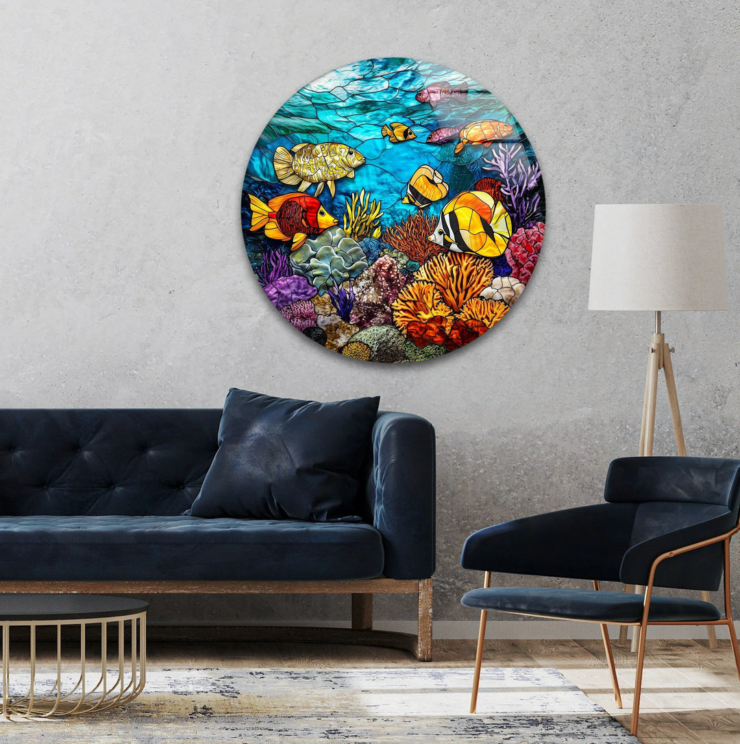 Vibrant Coral Reef Scene – Round Glass Wall Art - MyPhotoStation