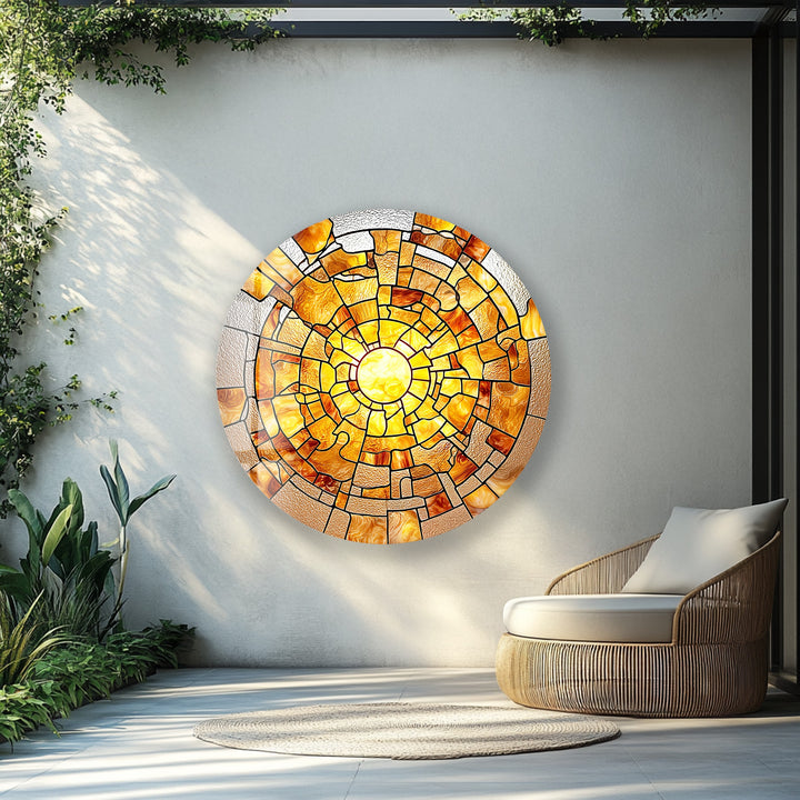 Amber Solar Burst – Round Glass Wall Art