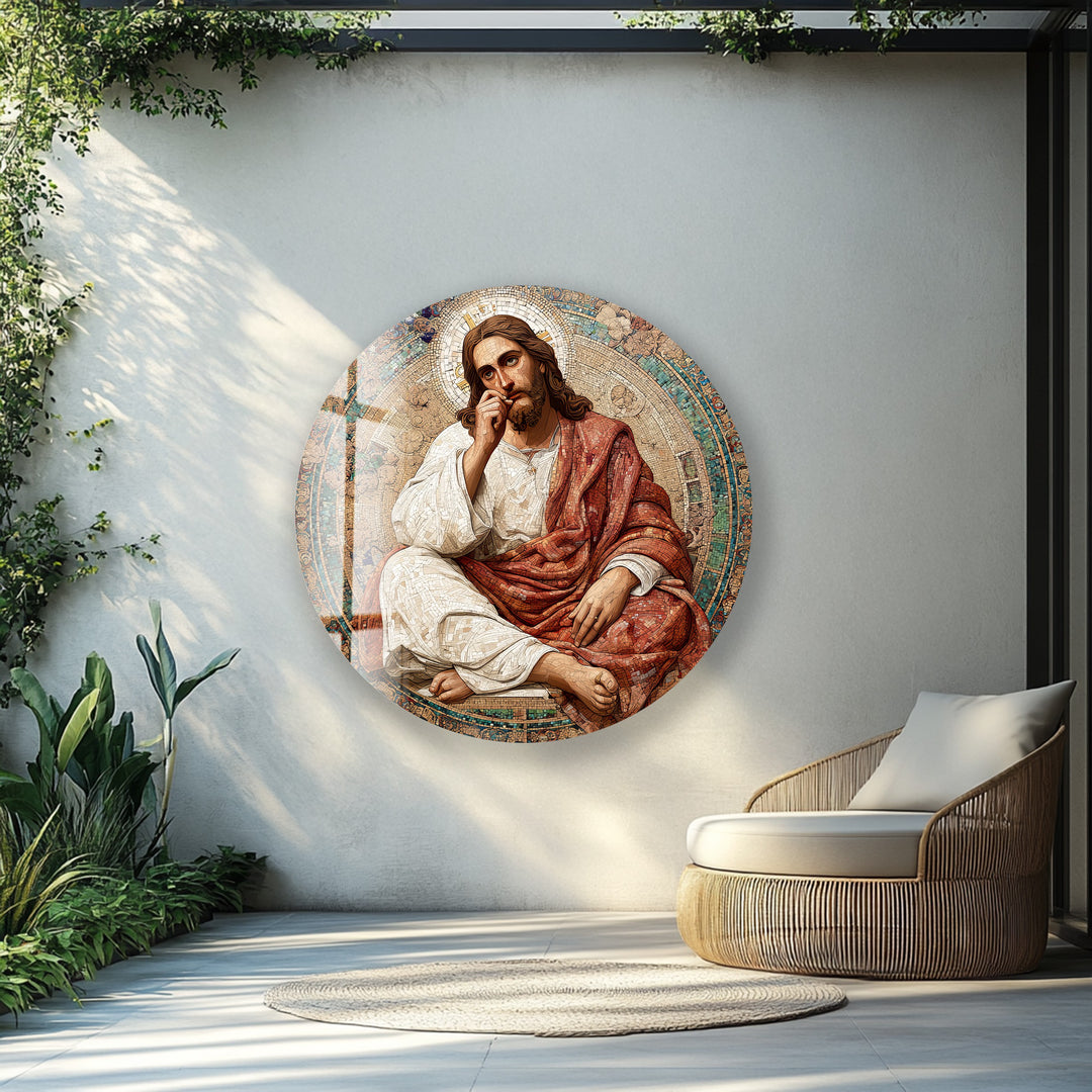Contemplative Christ Mosaic – Round Glass Wall Art