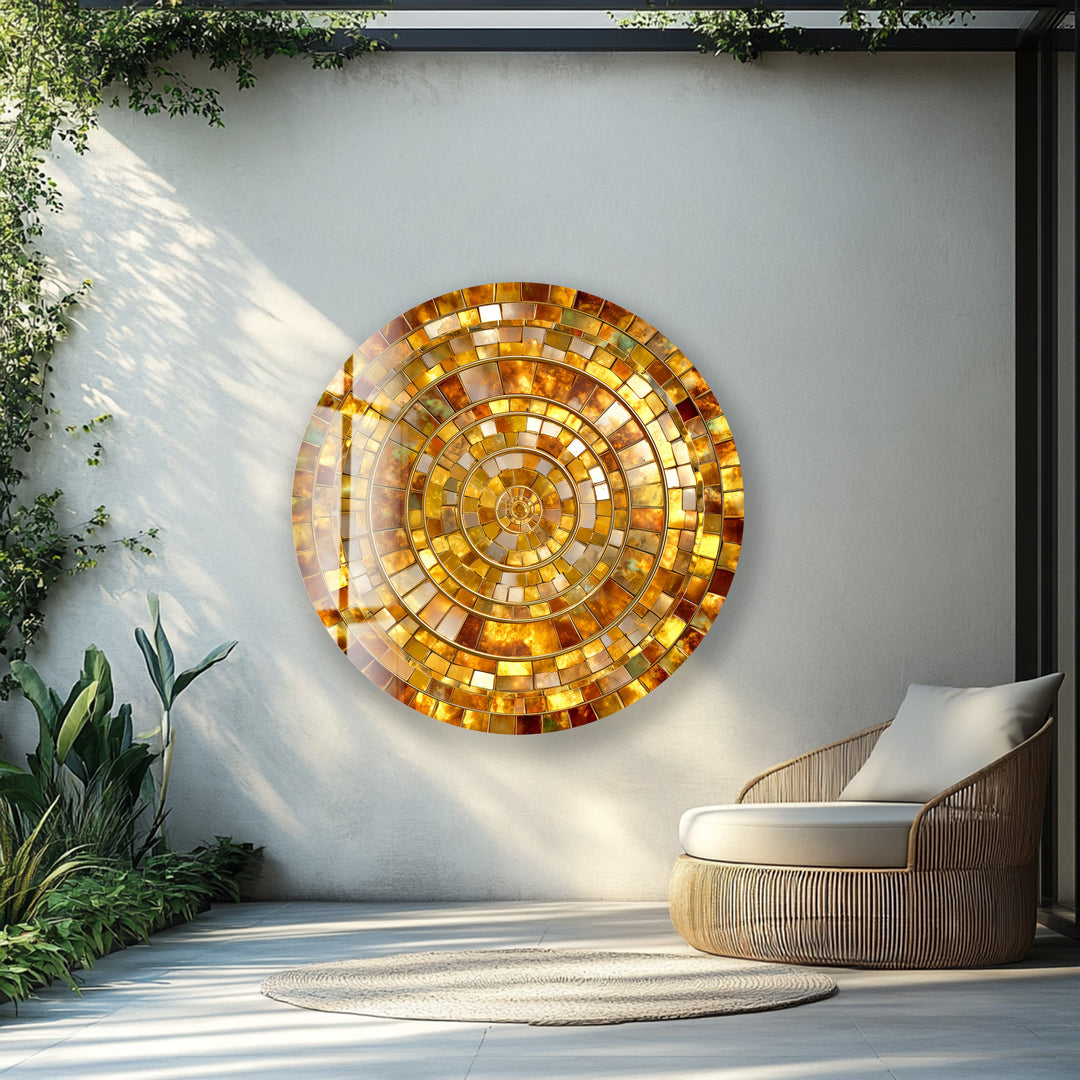 Golden Spiral Radiance – Gold Round Glass Wall Art