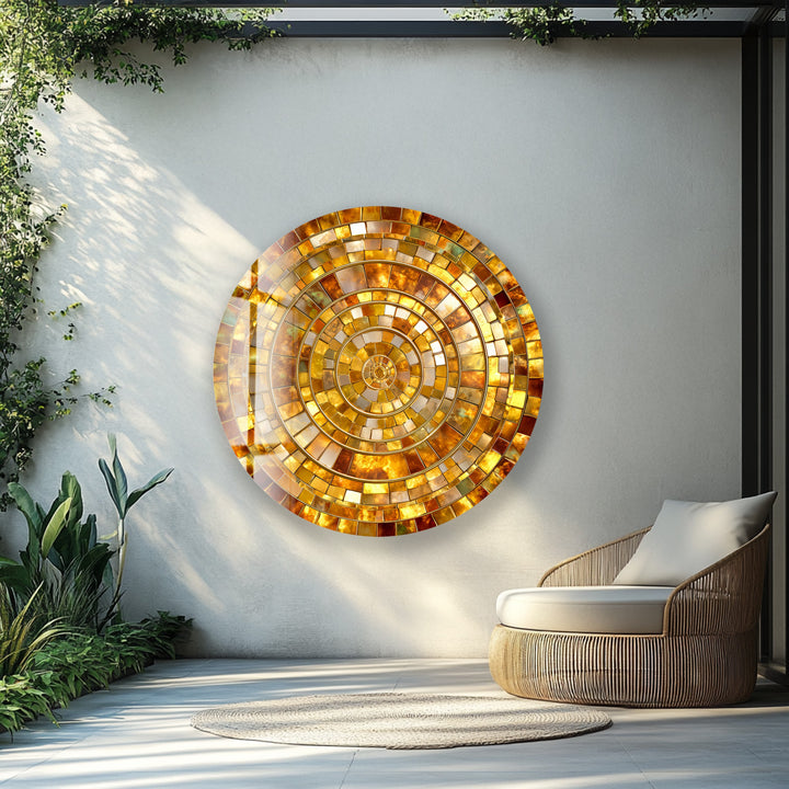 Golden Spiral Radiance – Gold Round Glass Wall Art