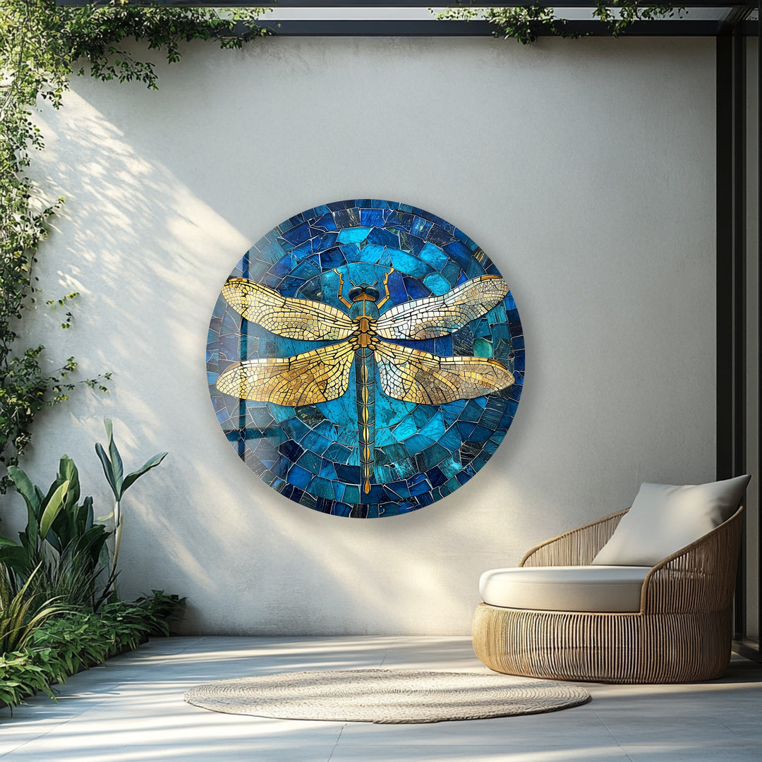 Golden Wings – Dragonfly Mosaic Round Glass Wall Art