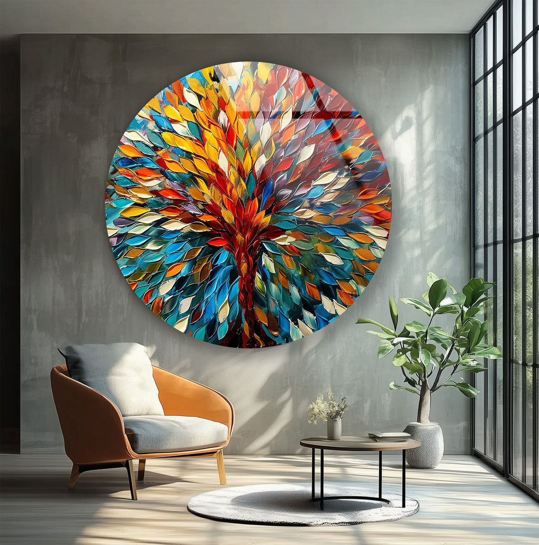 Eternal Bloom – Vibrant Tree of Life Round Glass Wall Art