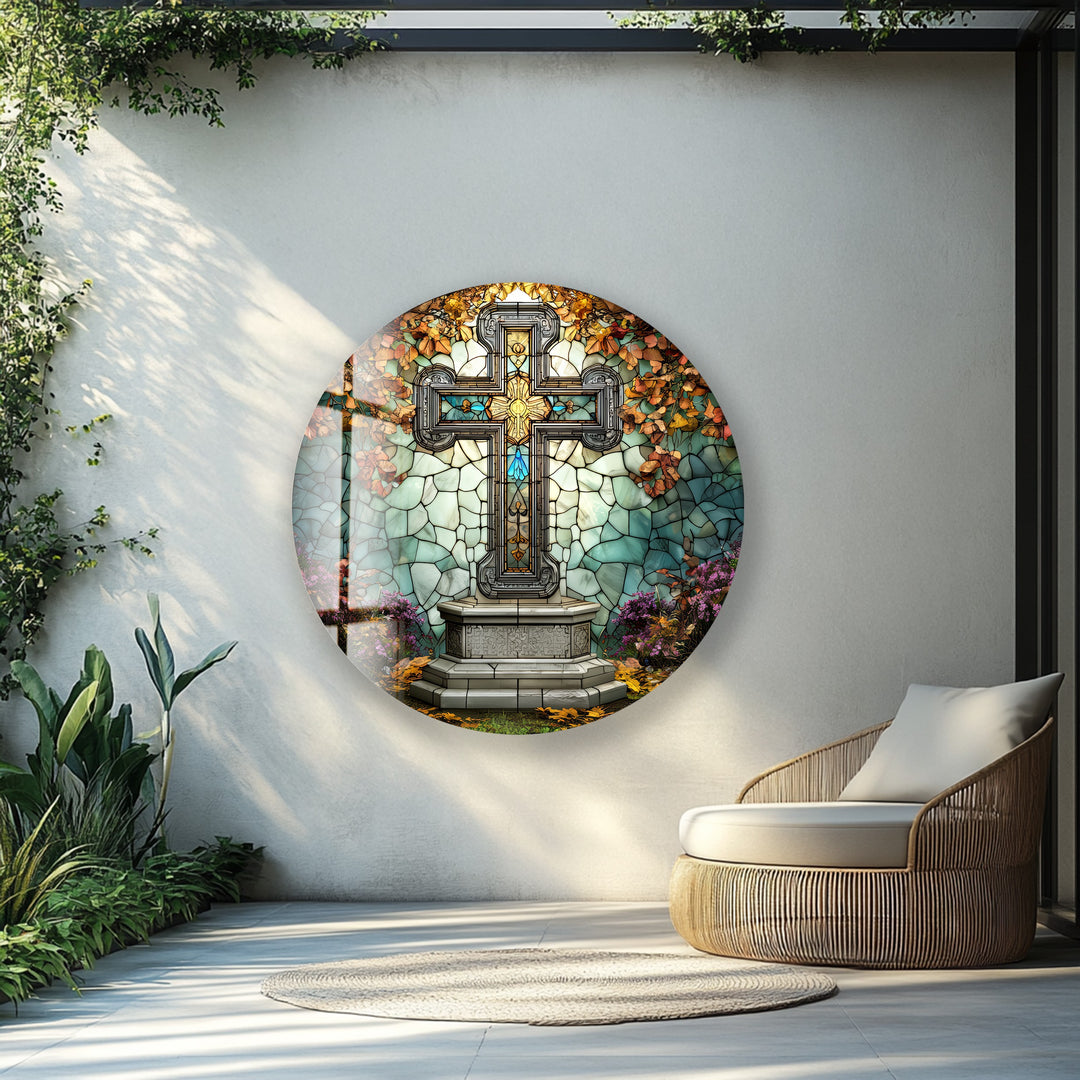 Stained Glass Cross Garden Scene – Round Glass Wall Art