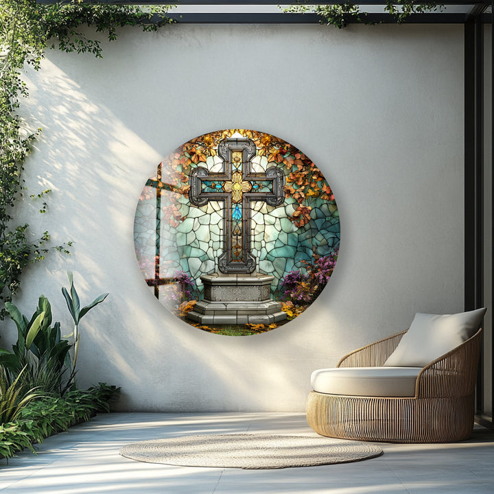 Stained Glass Cross Garden Scene – Round Glass Wall Art