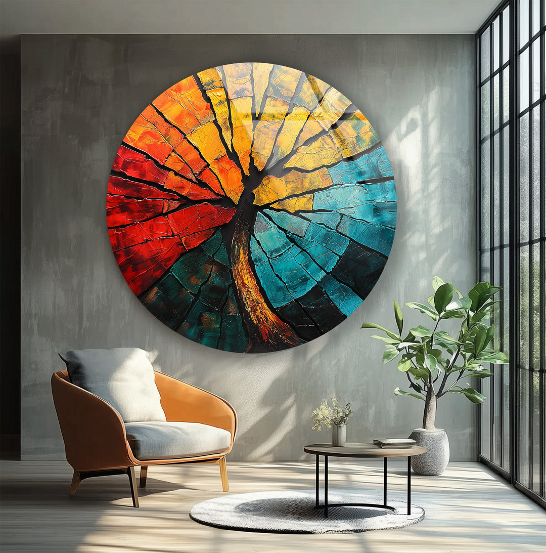 Elemental Fusion – Fiery Abstract Tree Round Glass Wall Art