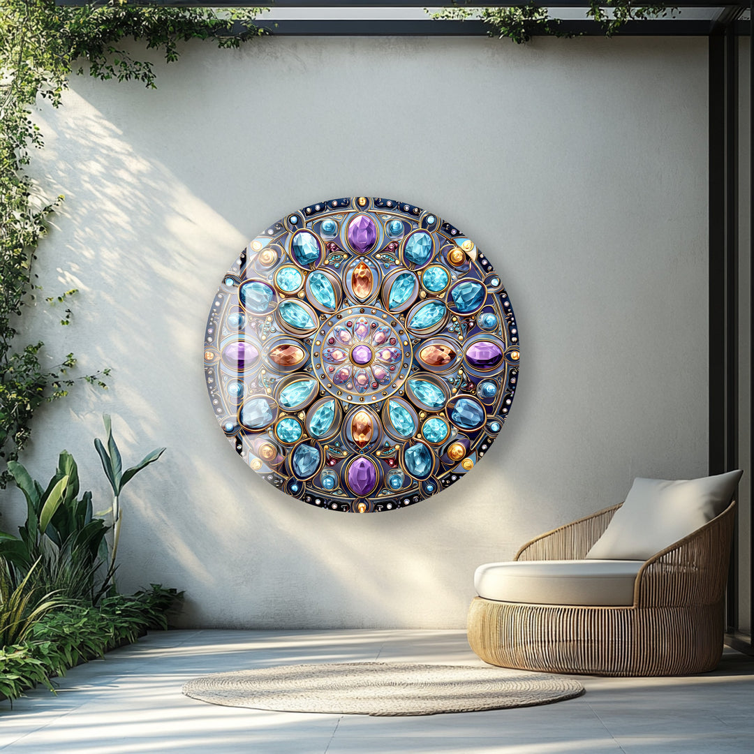 Celestial Jewel Mandala – Round Glass Wall Art