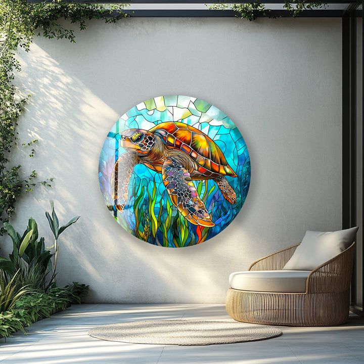 Ocean Voyager – Sea Turtle Round Glass Wall Art