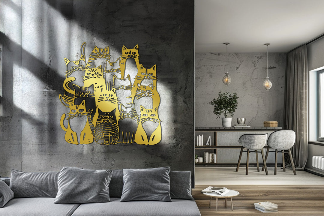 Golden Cat Family – Modern Metal Wall Art