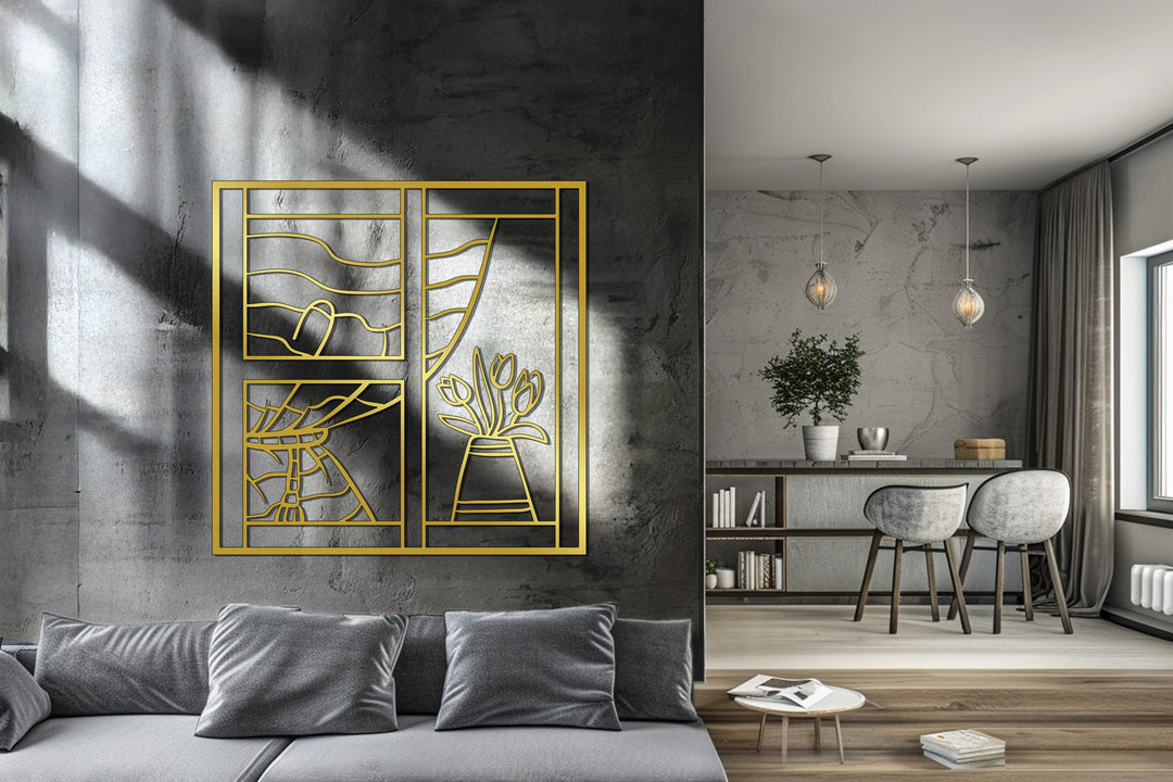 Window with Tulips – Elegant Floral Metal Wall Art