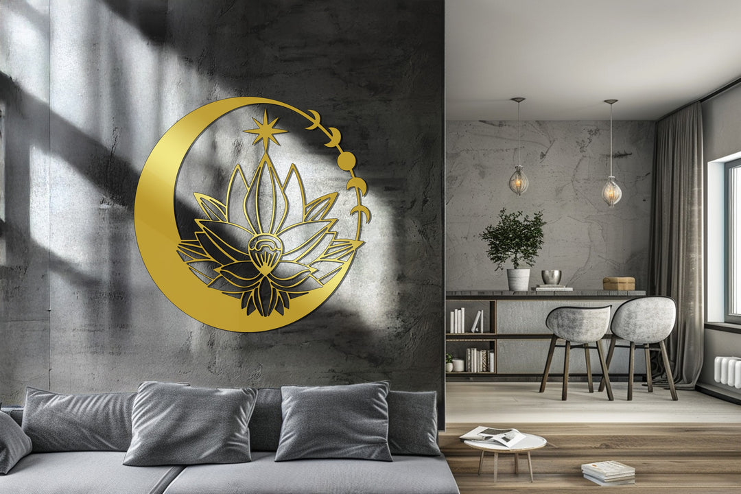 Lunar Blossom – Moon and Lotus Flower Metal Wall Art