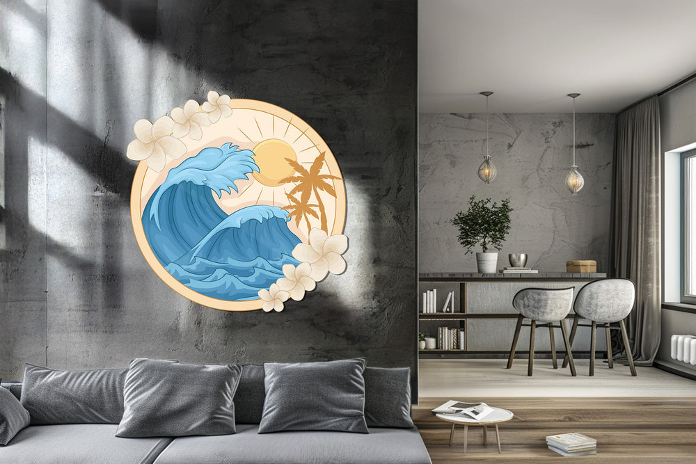 Coastal beach-themed metal wall decor in blue and gold tones