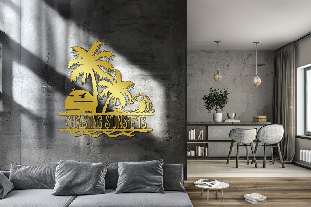 Chasing Sunsets Metal Wall Art – Palm Tree & Ocean Wave Design