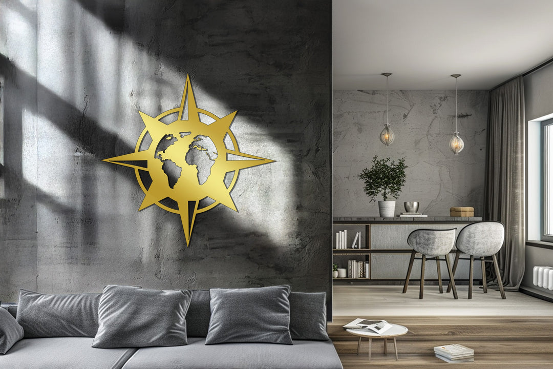 World map compass rose metal wall decoration