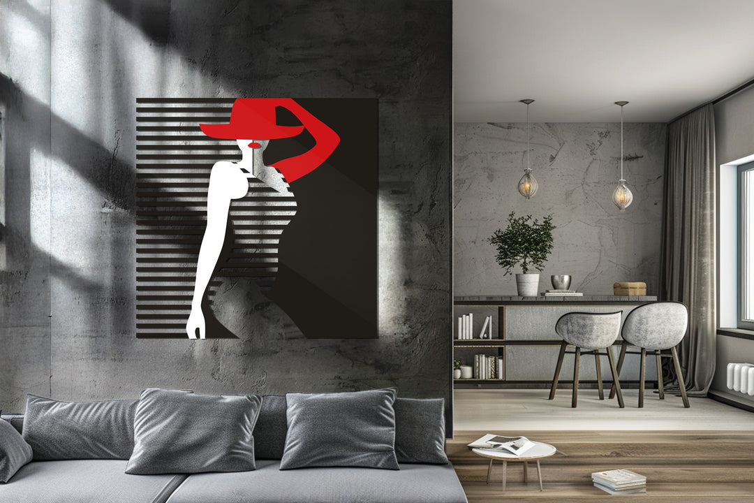 Lady in Red Hat Metal Wall Art – Elegant Minimalist Modern Decor