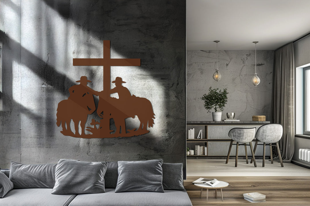 Cowboys and Cross Metal Wall Art – Western Faith-Inspired Home Decor