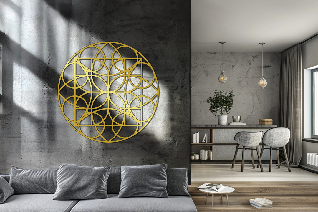 Showing the realistic detail, the geometric circle grid is a striking decorative metal art piece, adding modern sophistication to a grey textured wall and interior design.