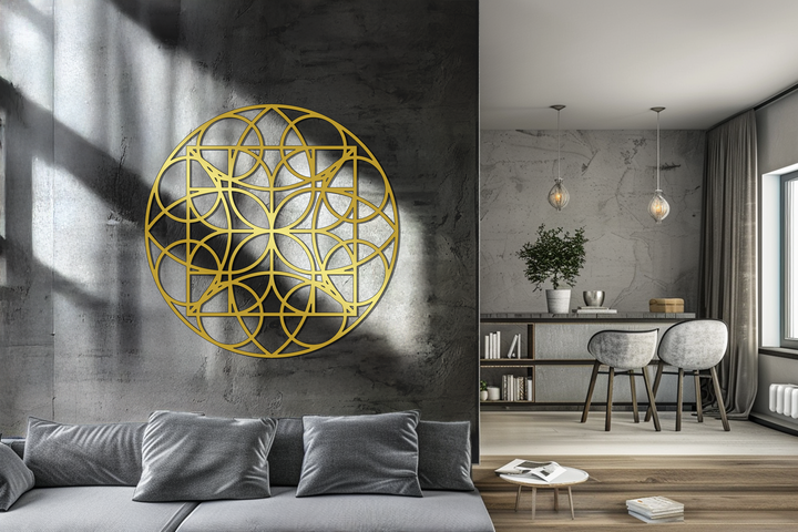 Showing the realistic detail, the geometric circle grid is a striking decorative metal art piece, adding modern sophistication to a grey textured wall and interior design.