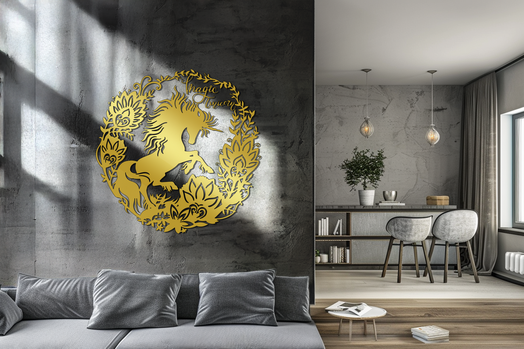 Highlighting the abstract quality, the gold decorative metal art showcases a magic unicorn within a floral wreath, creating a captivating, modern wall art silhouette.