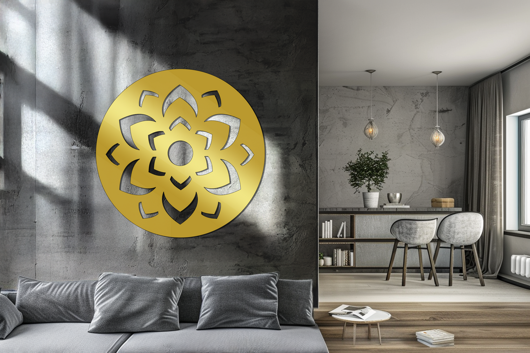 Highlighting the loudest element, a striking gold Lotus Mandala Pattern Round Black metal wall art makes an alluring statement with its intricate design as a piece of metal wall decor.