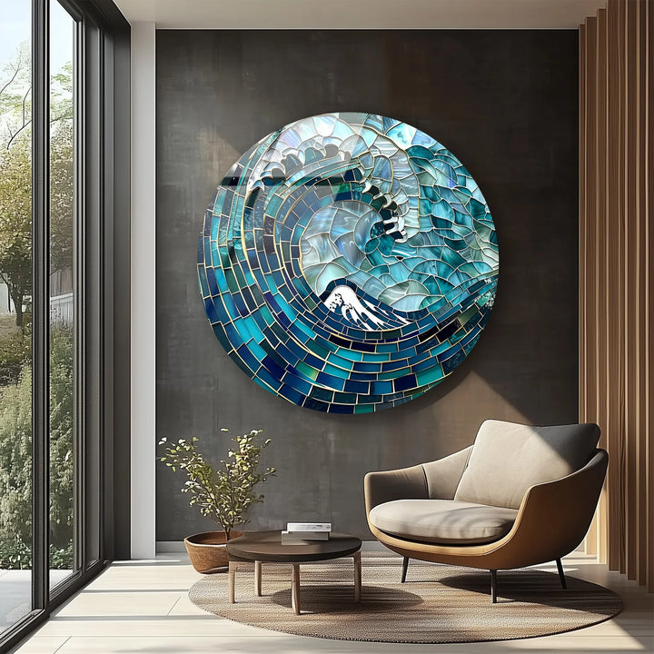 Deep Sea Wave Mosaic Round Glass Wall Art - MyPhotoStation
