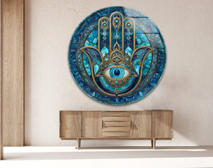 Mystic Hamsa Hand with Evil Eye – Round Glass Wall Art - MyPhotoStation