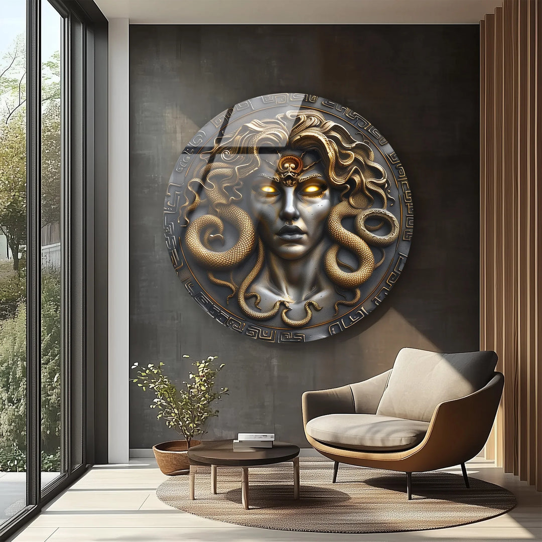 Medusa Gaze – Mythological Round Glass Wall Art - MyPhotoStation