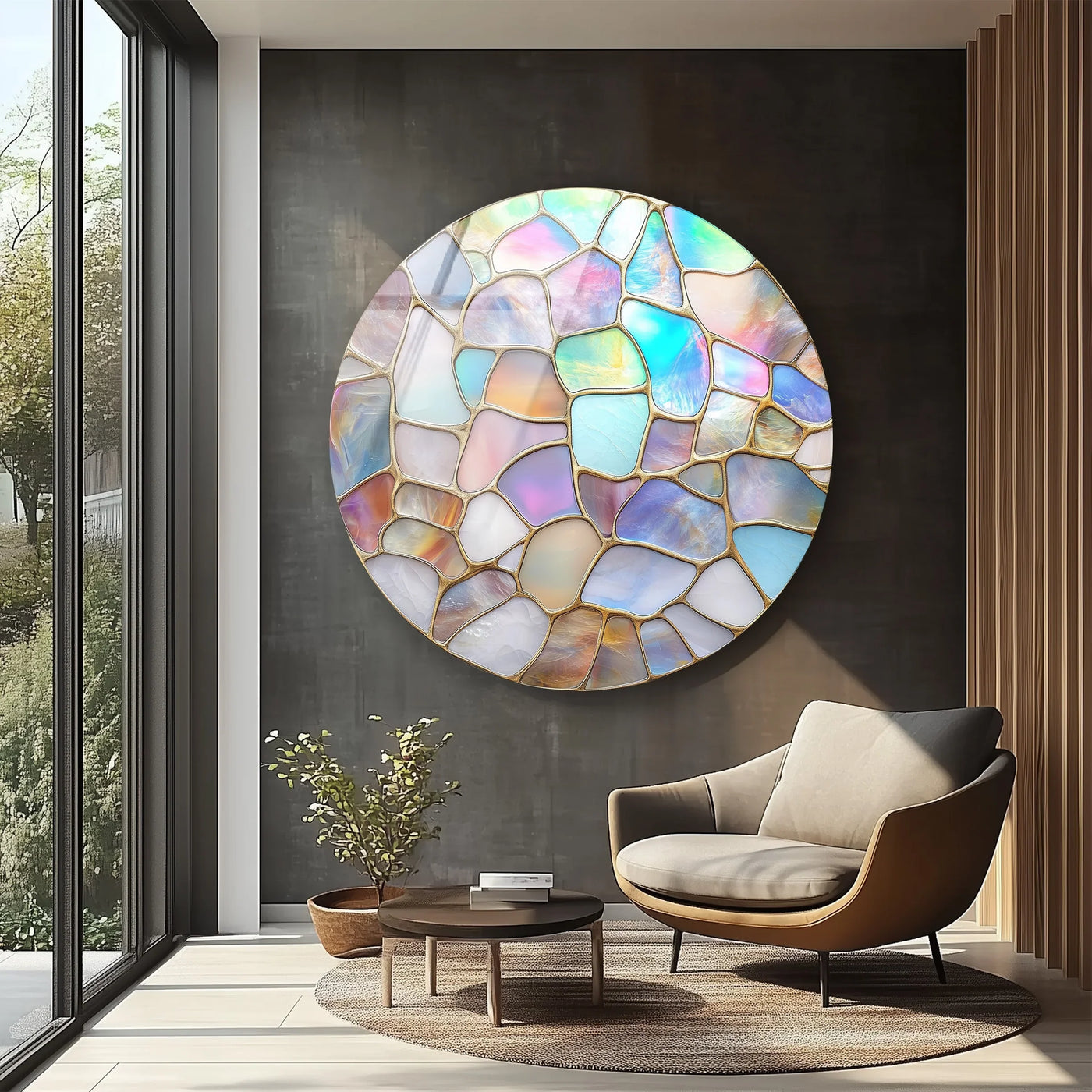 Intense color saturation illuminates the iridescent pastel mosaic in this round glass hanging wall art, creating a vibrant focal point.