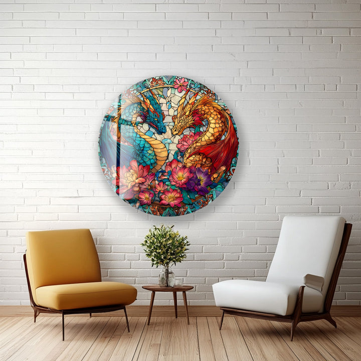 Dual Dragon Stained – Round Glass Wall Art