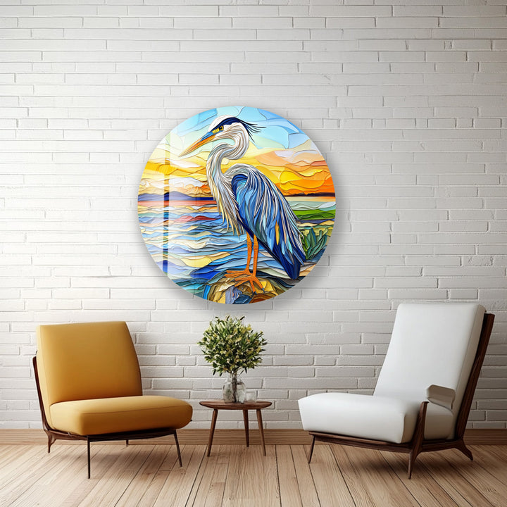 Blue Heron at Dusk – Round Glass Wall Art