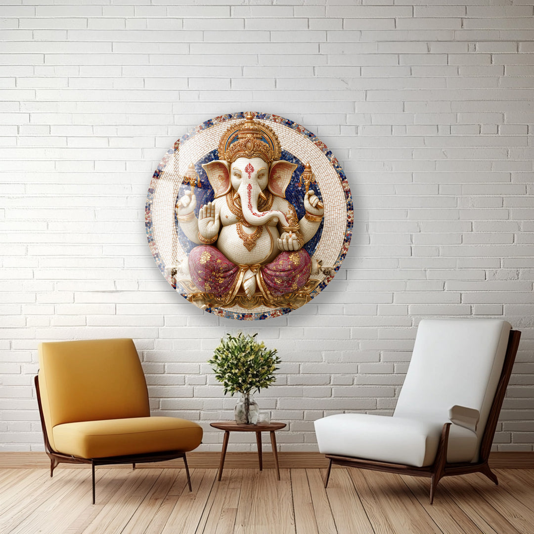 Golden Grace Ganesha – Round Glass Wall Art