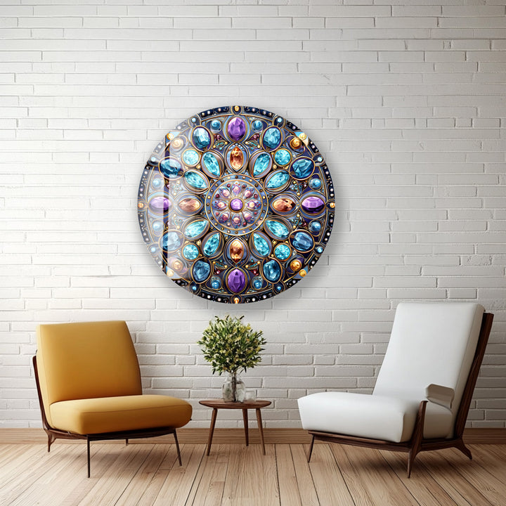 Celestial Jewel Mandala – Round Glass Wall Art