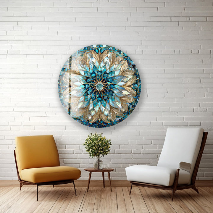Celestial Bloom Mandala – Round Glass Wall Art