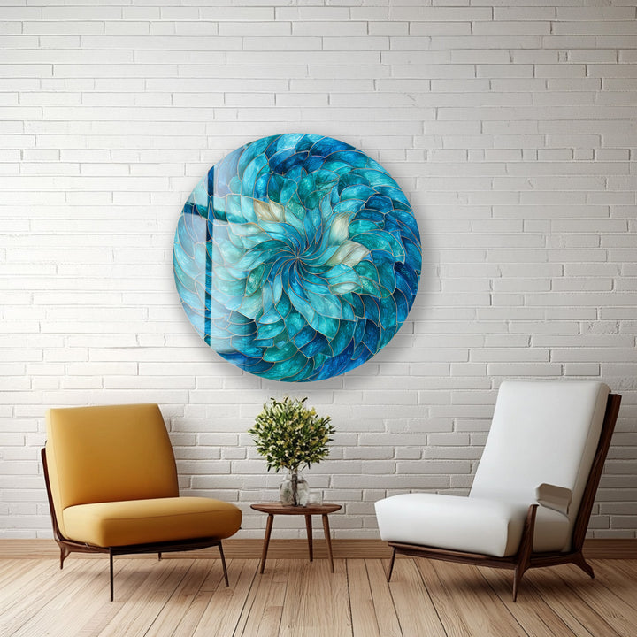 Ocean Bloom Spiral – Round Glass Wall Art