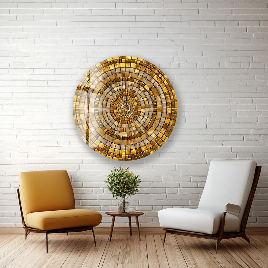 Golden Shimmering Mosaic – Round Glass Wall Art