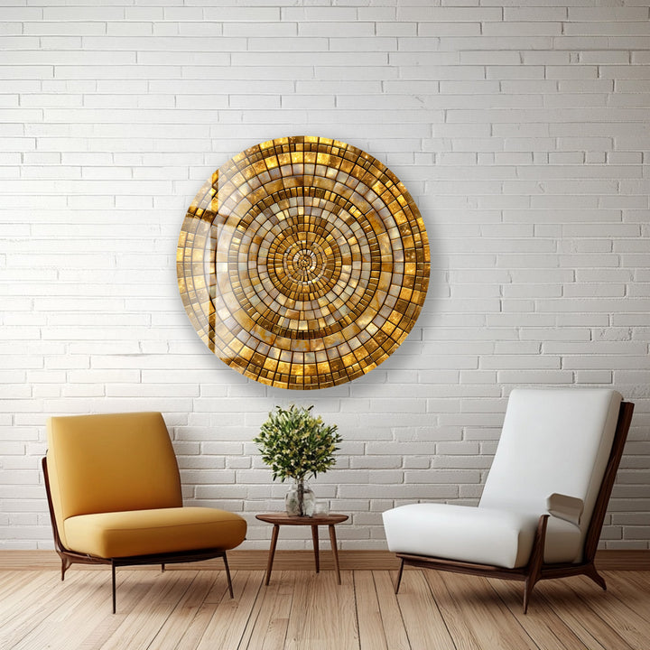 Golden Shimmering Mosaic – Round Glass Wall Art