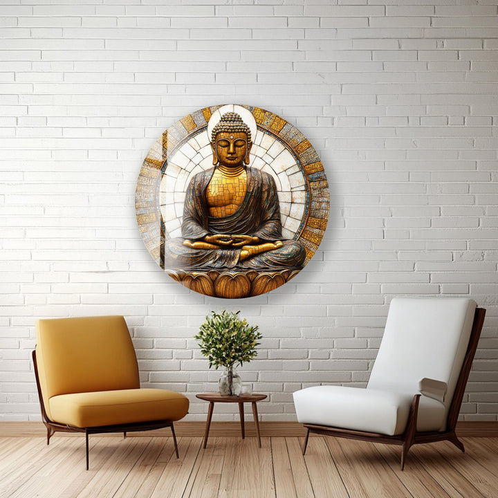 Golden Buddha Mosaic Serenity – Round Glass Wall Art